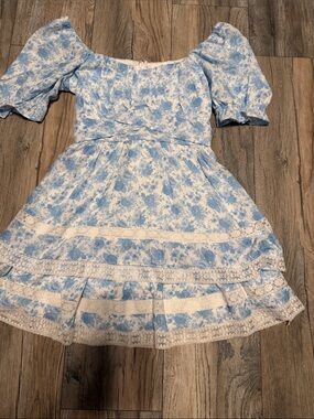 Altar'd State Blue and White Floral Lace-Trim Mini Dress